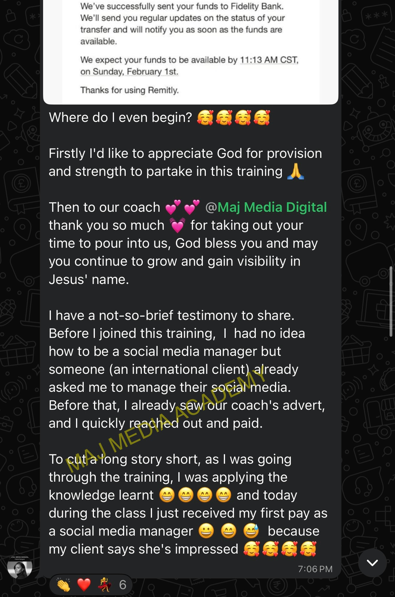 Student testimonial about landing an international client